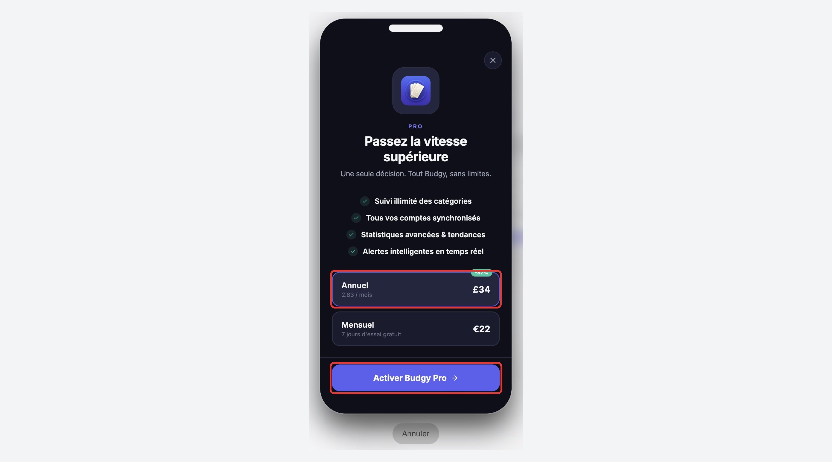 Aperçu en grand d’un paywall : les formules et le bouton d’achat