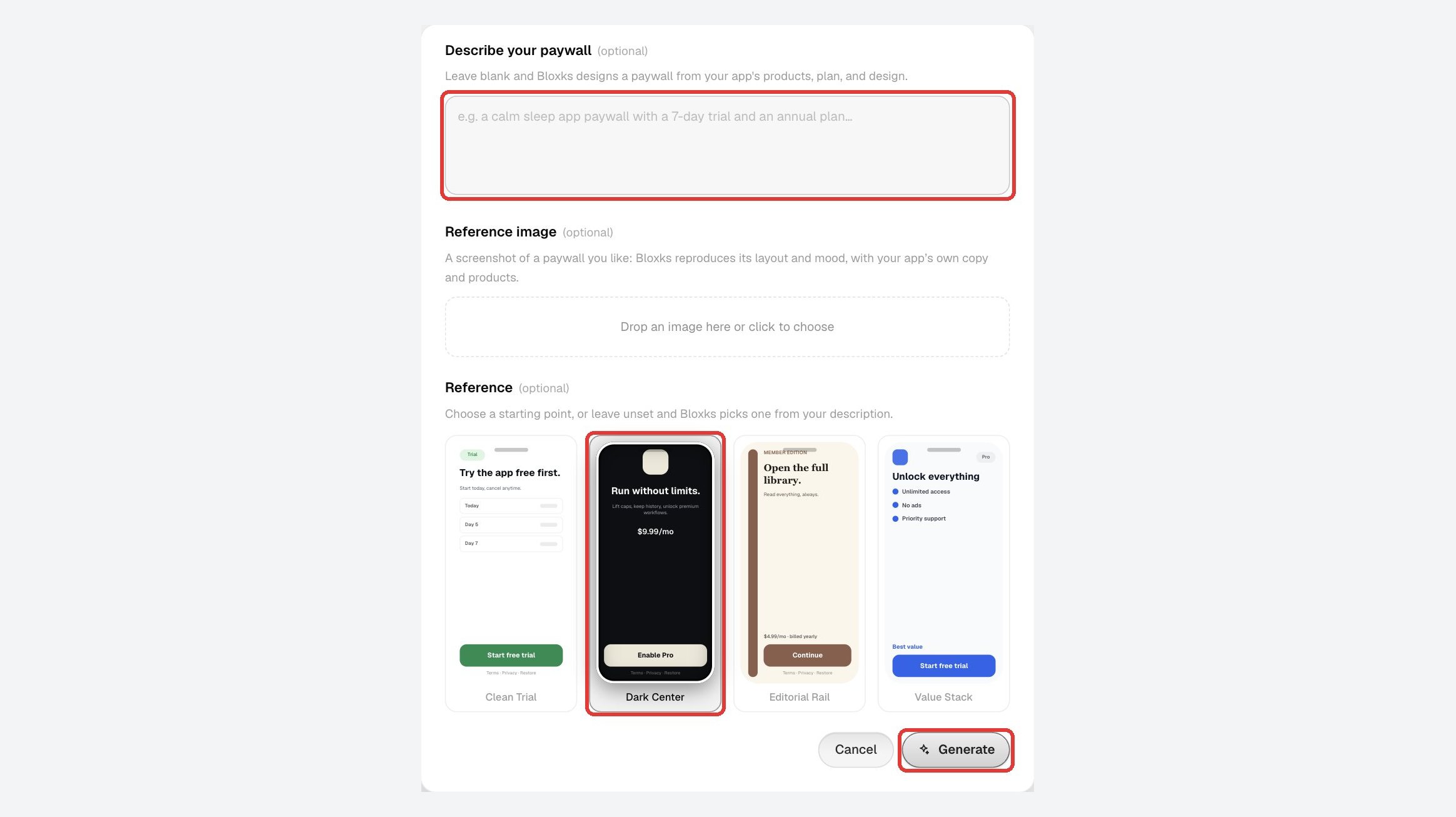 The New paywall window: description, reference image, starting style and the Generate button