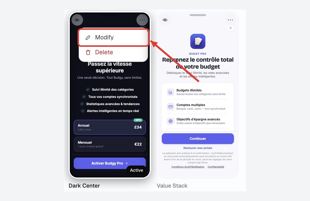 The … menu of a paywall card, with Modify and Delete