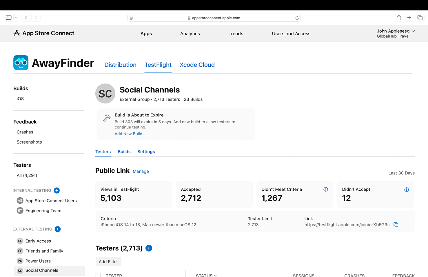 The TestFlight tab in App Store Connect, with builds and tester groups