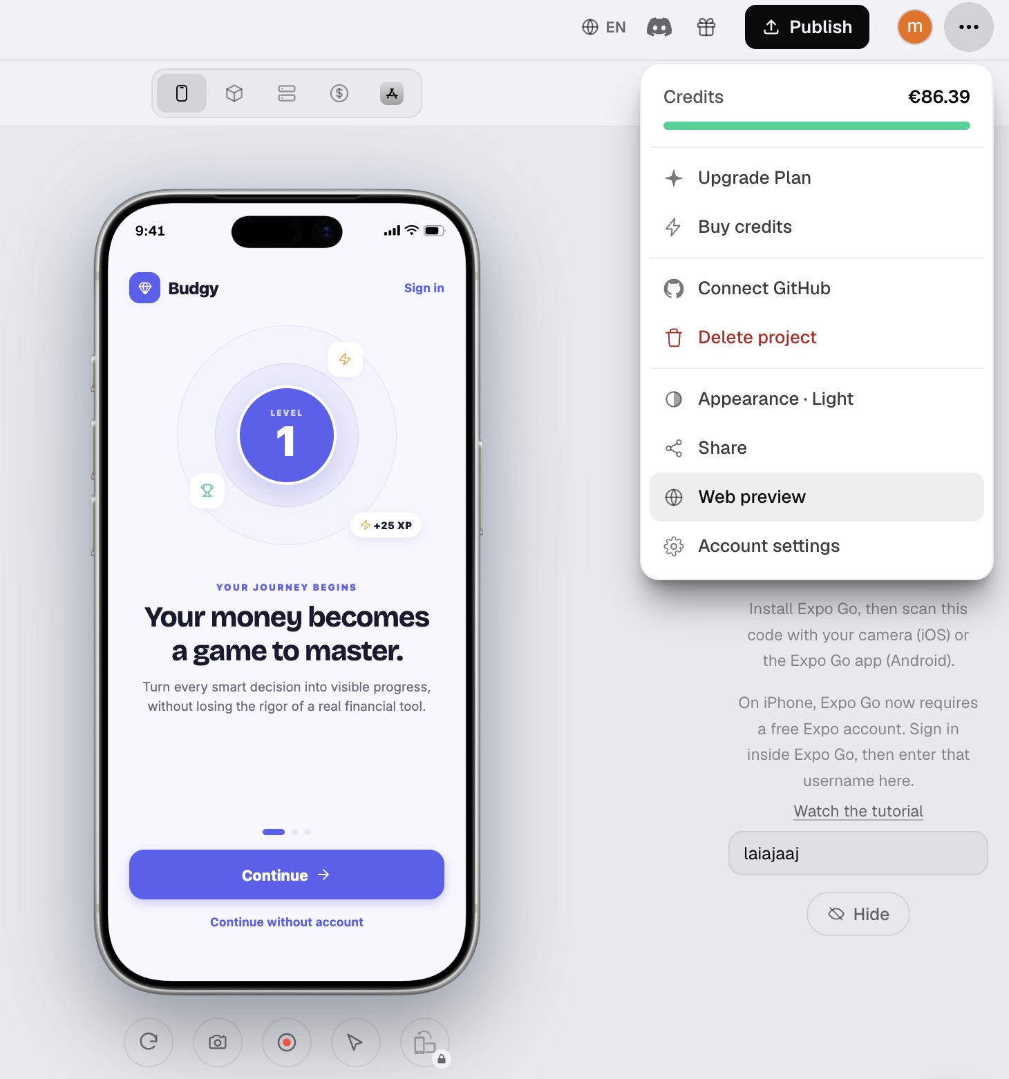 The project menu open, with Web preview highlighted