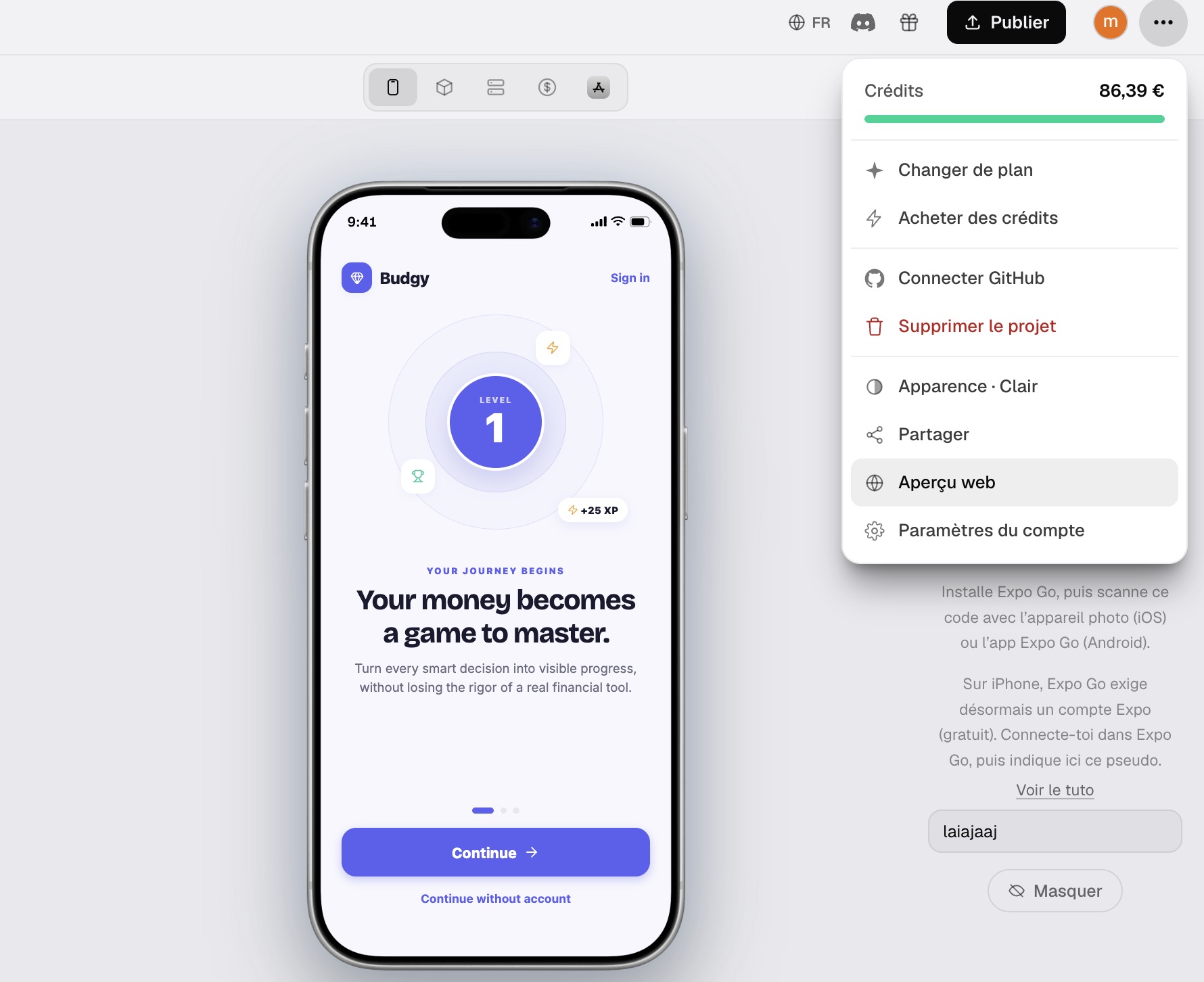 Le menu du projet ouvert, avec Aperçu web mis en évidence